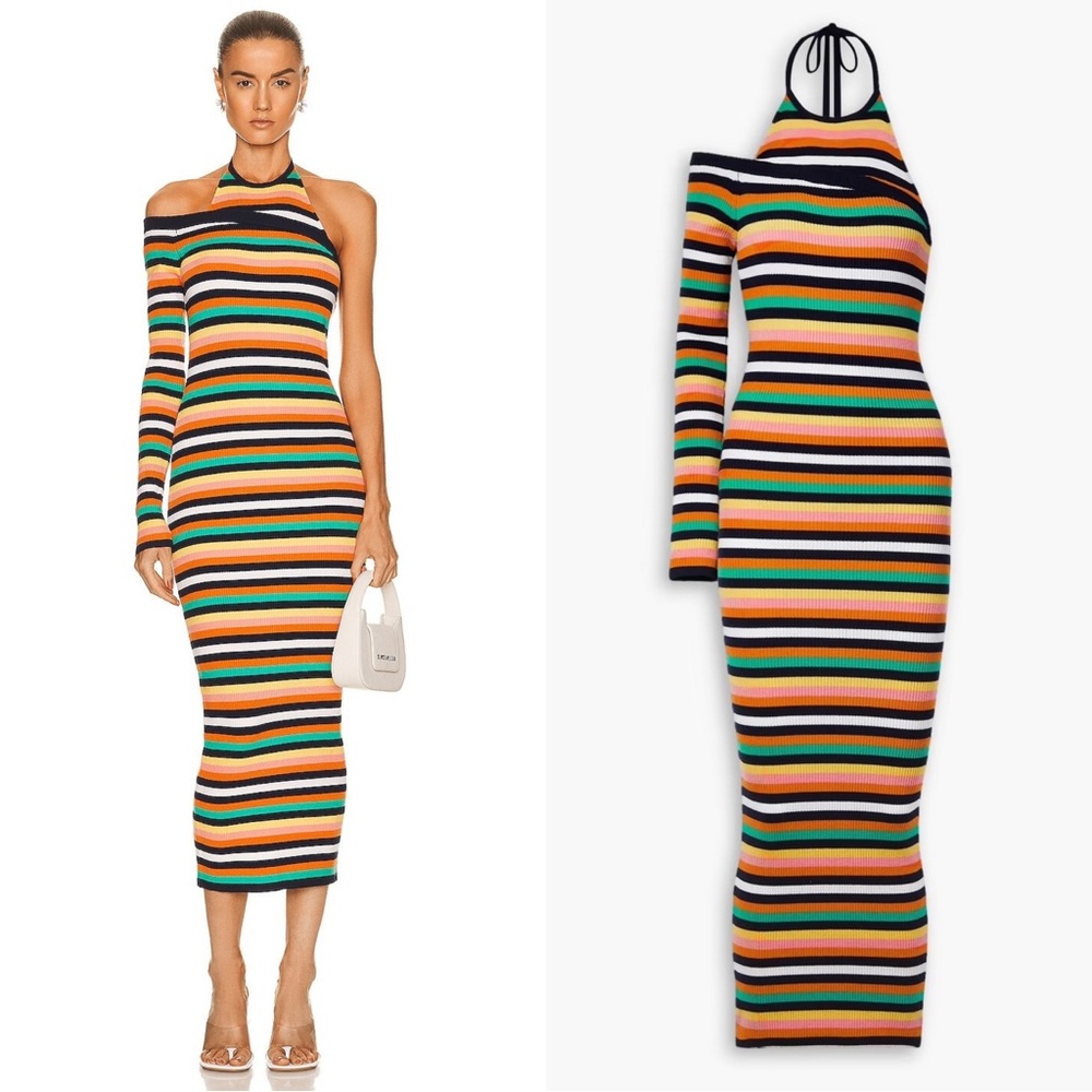 Monse Striped One Sleeve Halter Ribbed Knit Midi Dress Size XL Rainbow Multi